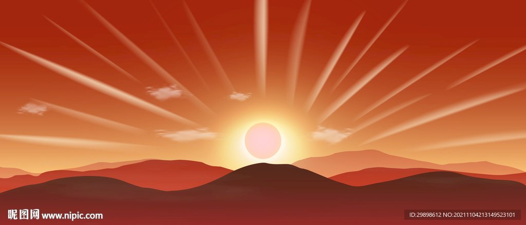 红色高山太阳背景金色光线展板