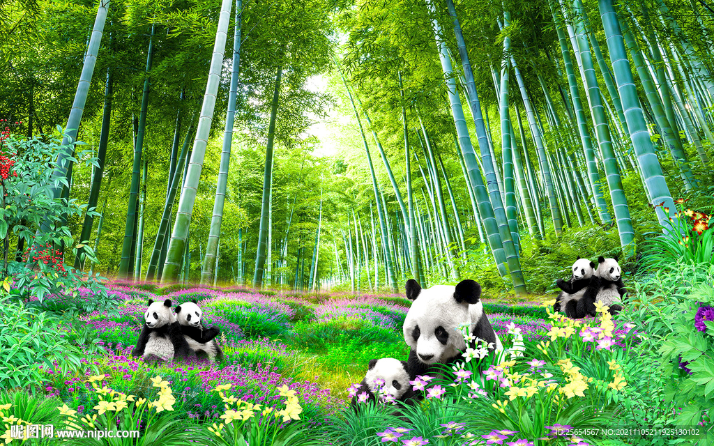 大熊猫竹林风景画背景墙