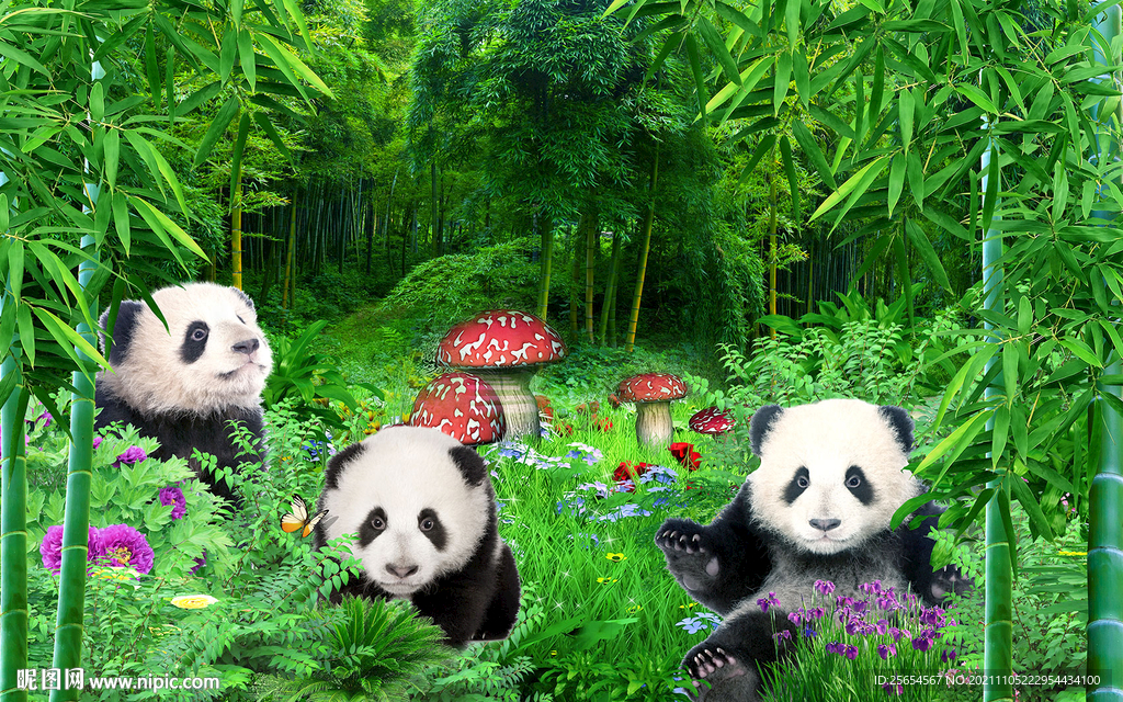 竹林可爱熊猫3D电视背景墙