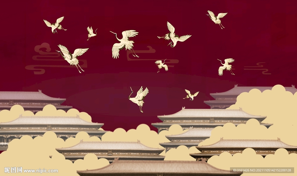  楼阁仙鹤背景墙
