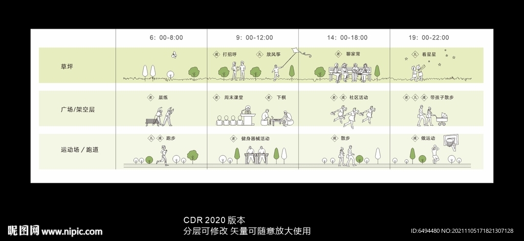 小区24小时的生活线稿