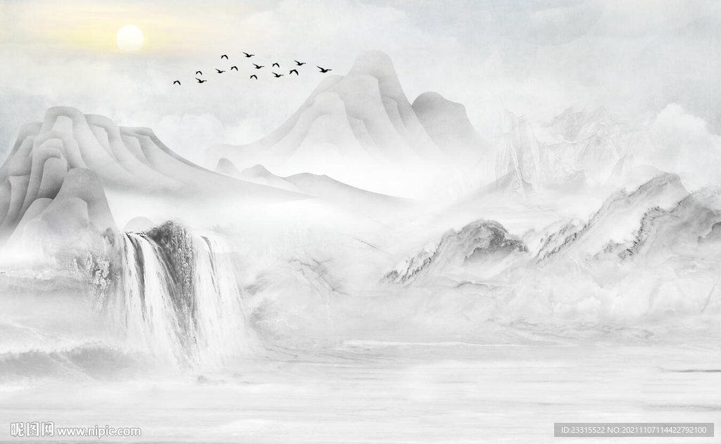 流水生财新中式山水背景墙