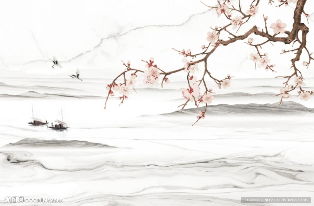 中式玉兰山水背景墙