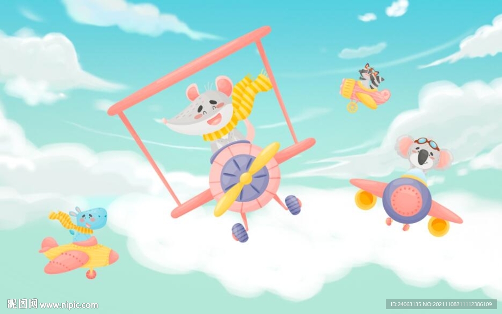 卡通天空飞机儿童房壁画