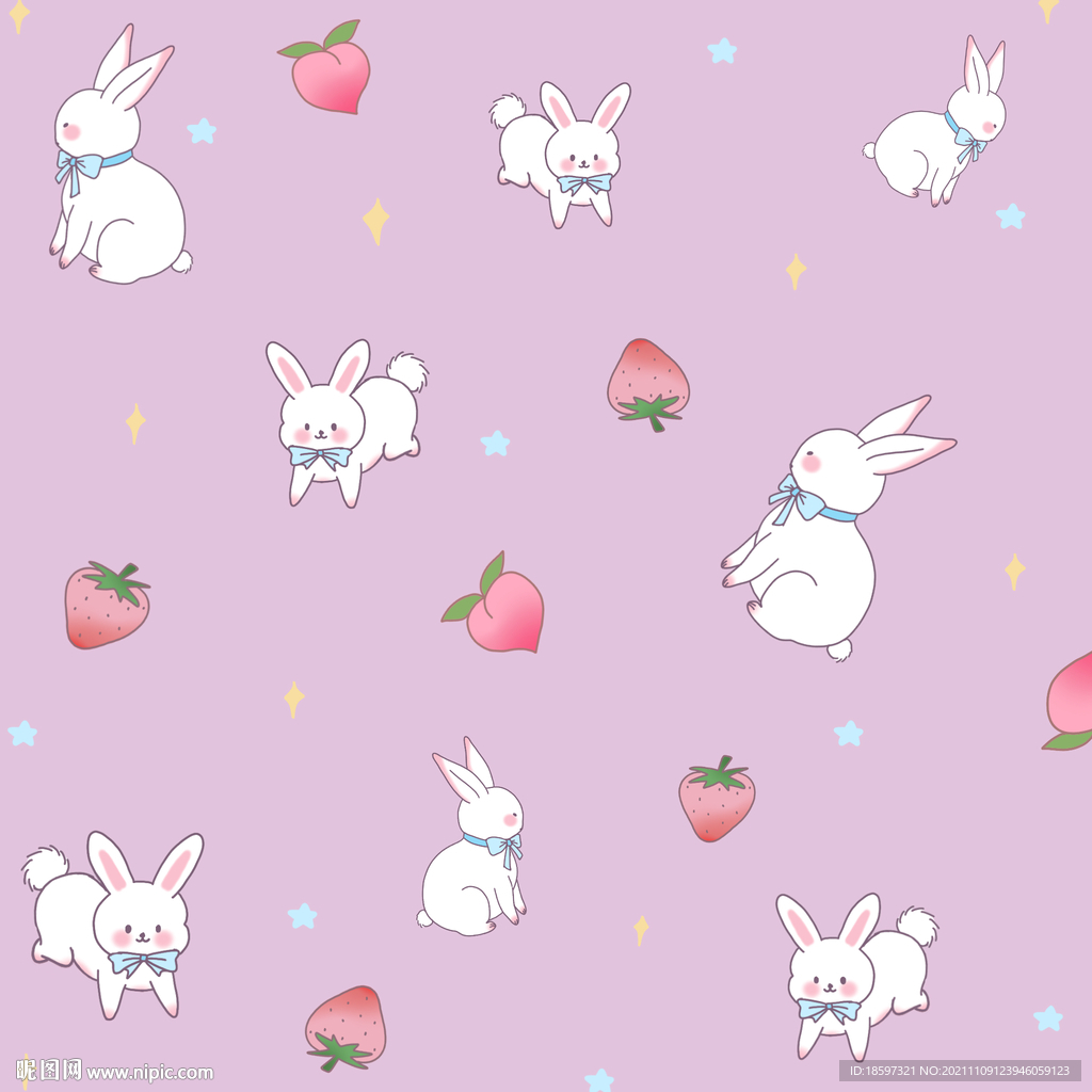 可爱兔子草莓桃子紫色背景图