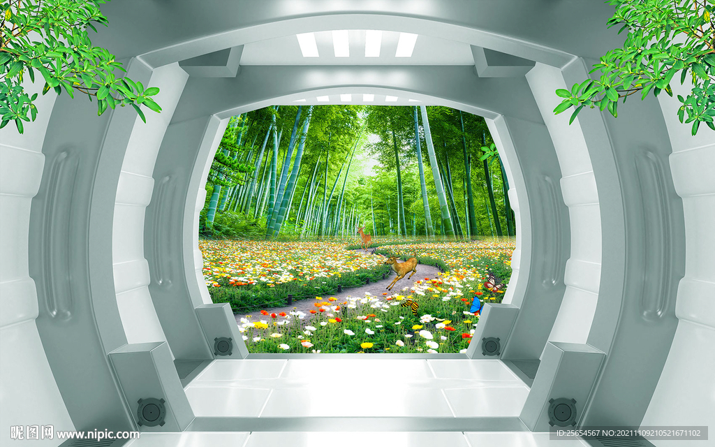 花海树走道3D电视背景墙