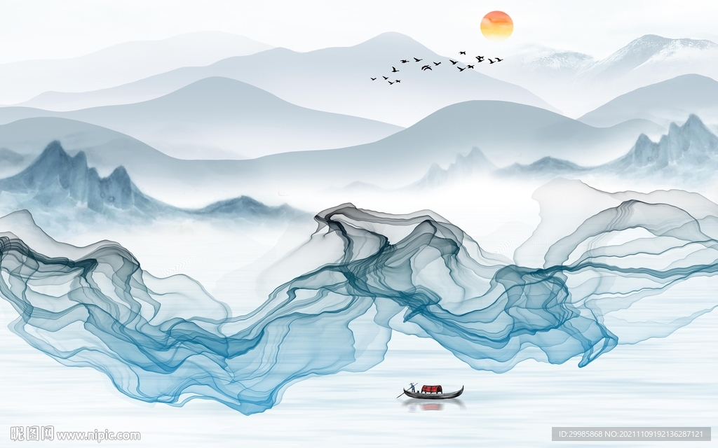 中国风简约山水墙画 TIF分层
