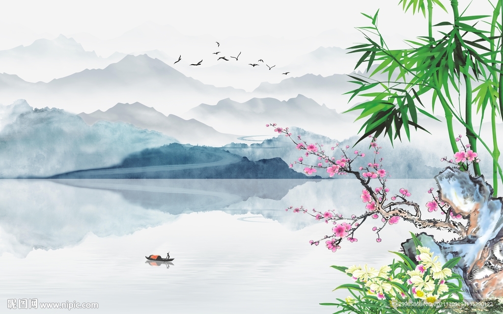 中式 简约山水墙画 TIF分层