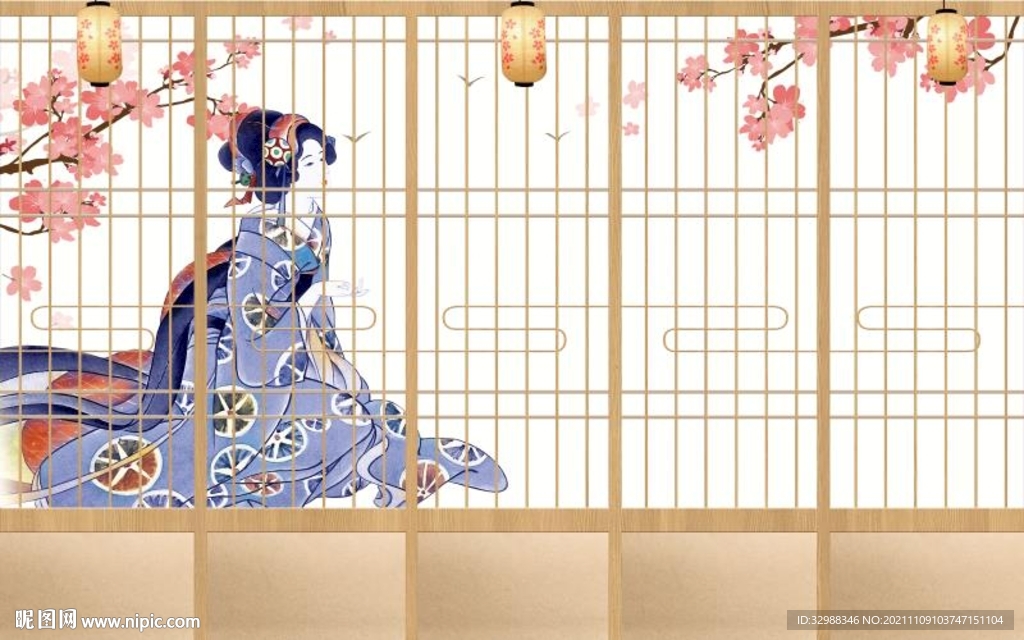 日式木门樱花背景墙图片