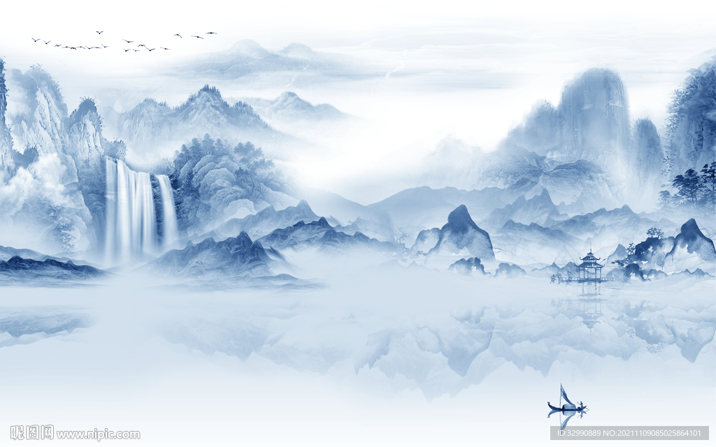 蓝色高清山水墙画 TIF分层