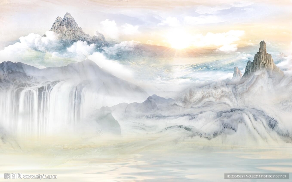 旭日东升高山流水新中式背景墙