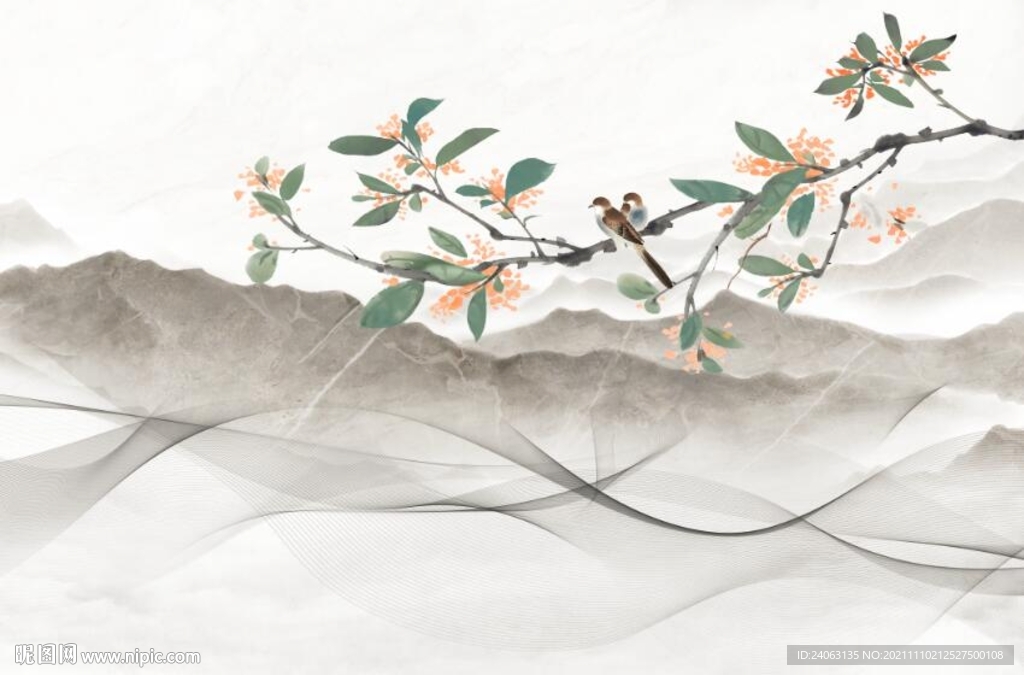 中式国画花鸟背景墙