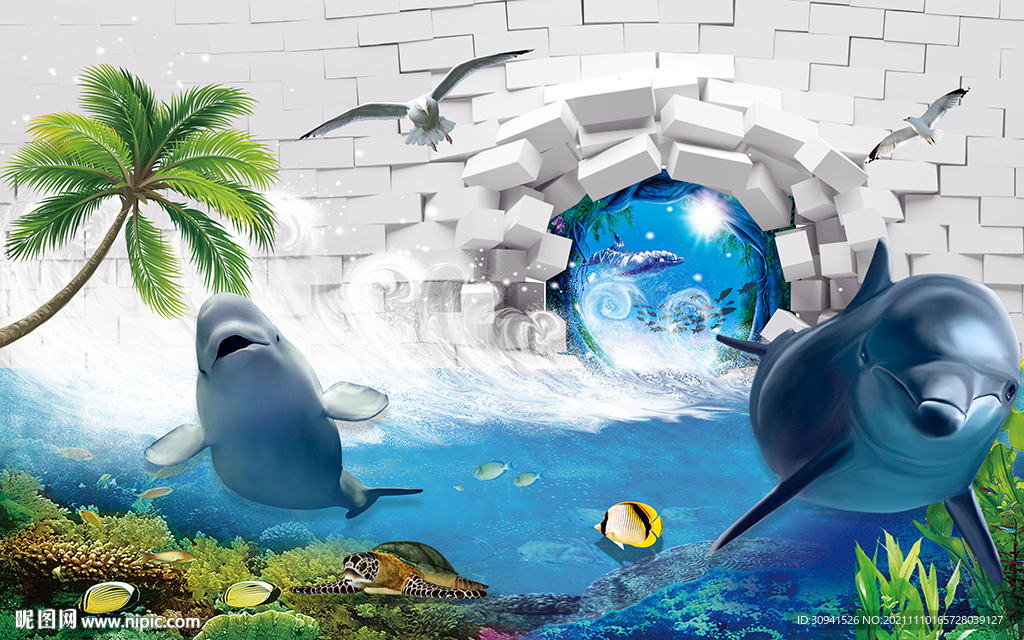 海洋馆海豚3D海底世界背景墙