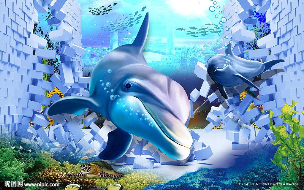 海洋馆海豚3D海底世界背景墙