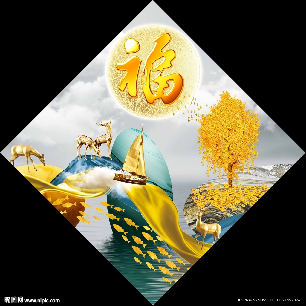 新中式麋鹿发财树中国结