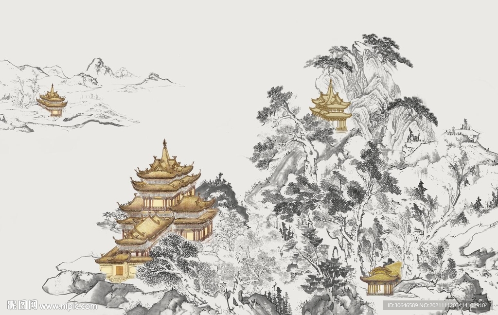 新中式古典亭台楼阁水墨山水图