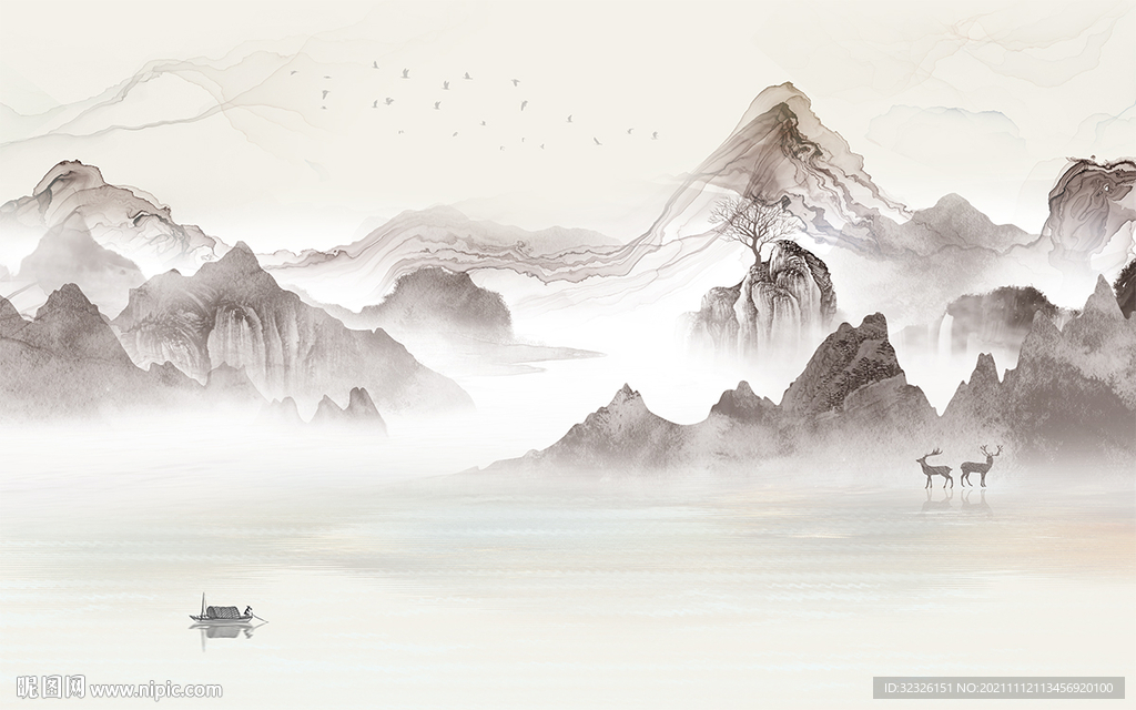 高档 客厅山水背景 tif分层