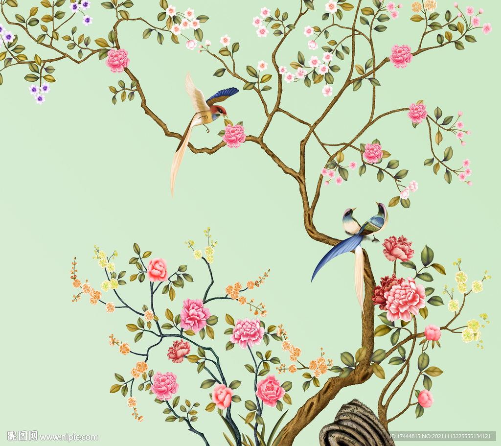 清新手绘工笔花鸟背景墙