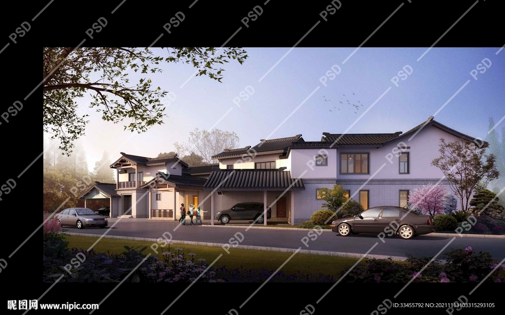 豪华古建别墅黄昏
