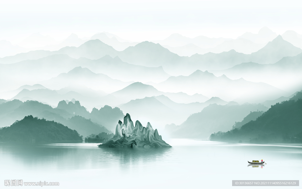 中国风山水客厅墙画 TIF分层
