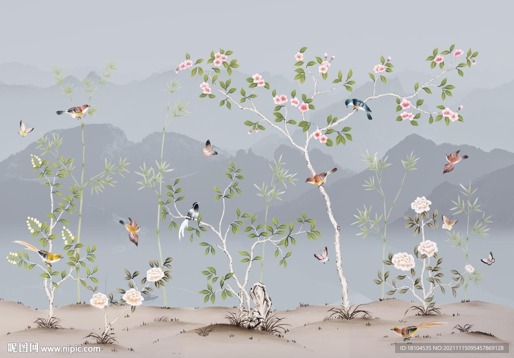 新中式手绘山水花鸟背景墙