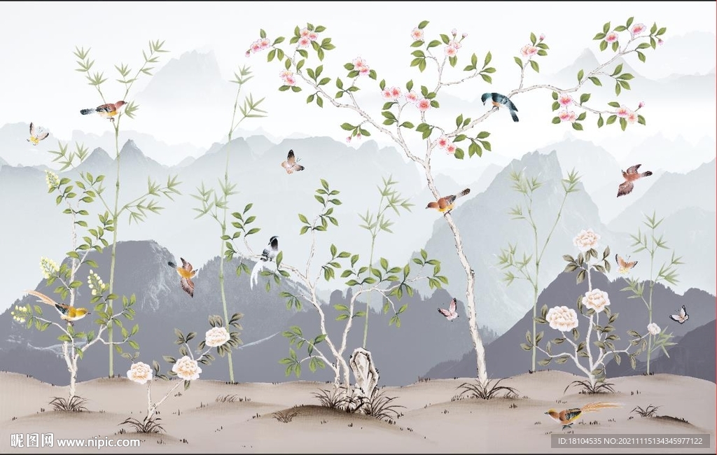 工笔花鸟背景墙