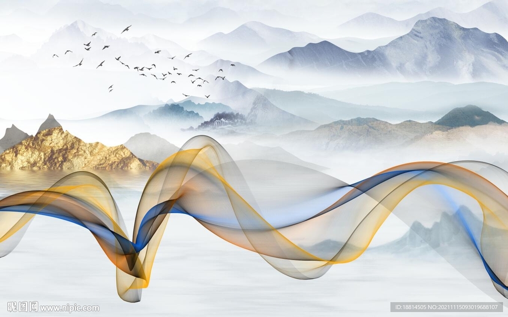 简约新中式山水背景墙