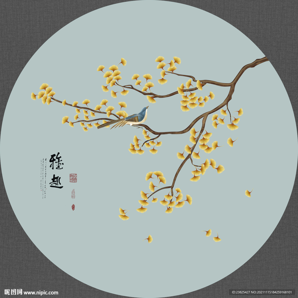 新中式工笔花鸟圆形装饰画