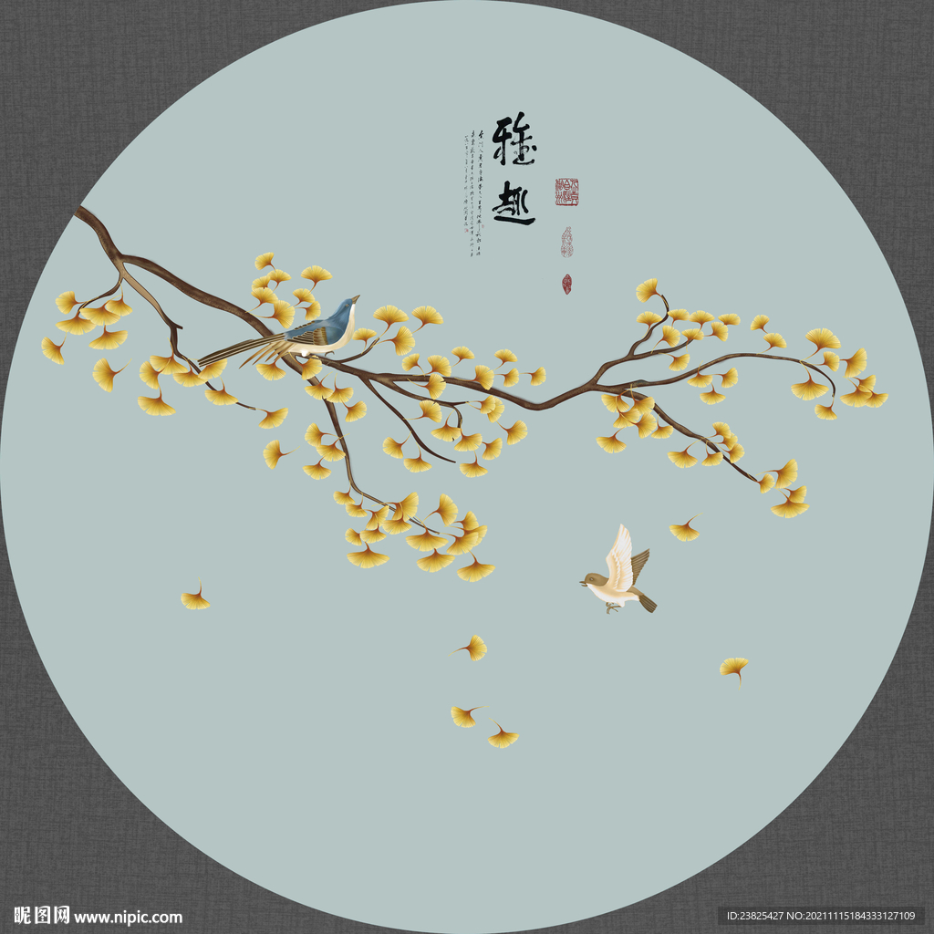 新呀工手绘银杏花鸟圆形装饰画