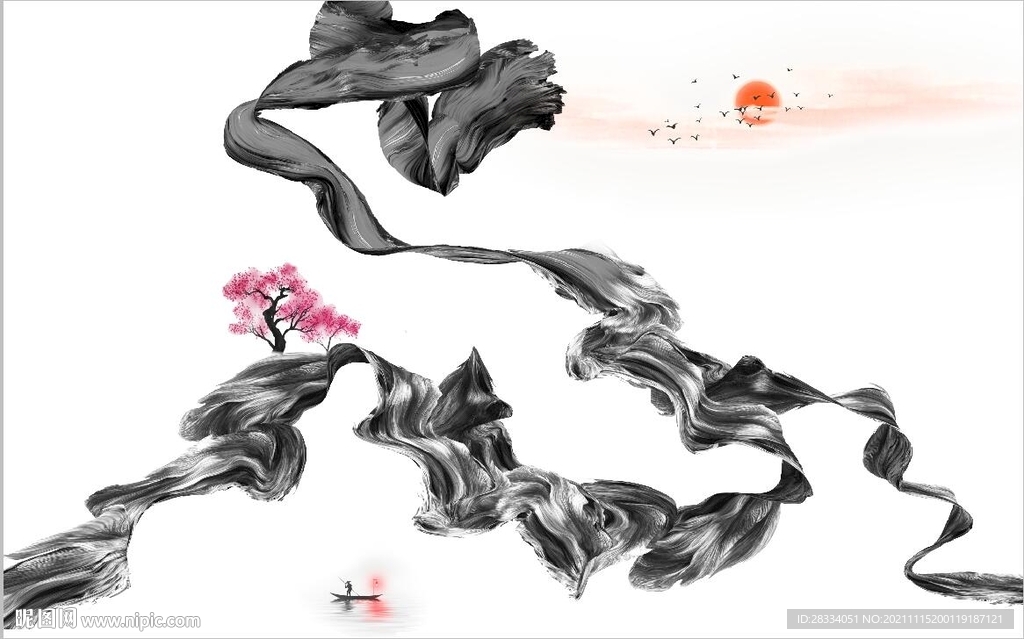 新中式抽象水墨麋鹿山水背景墙