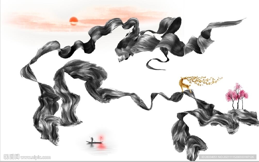 新中式抽象水墨麋鹿山水背景墙