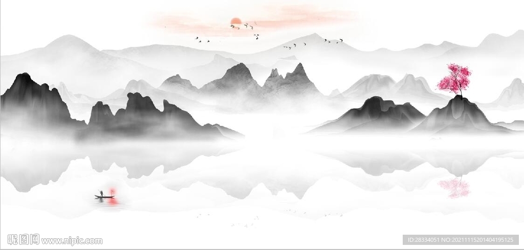新中式水墨山水风景背景墙壁画