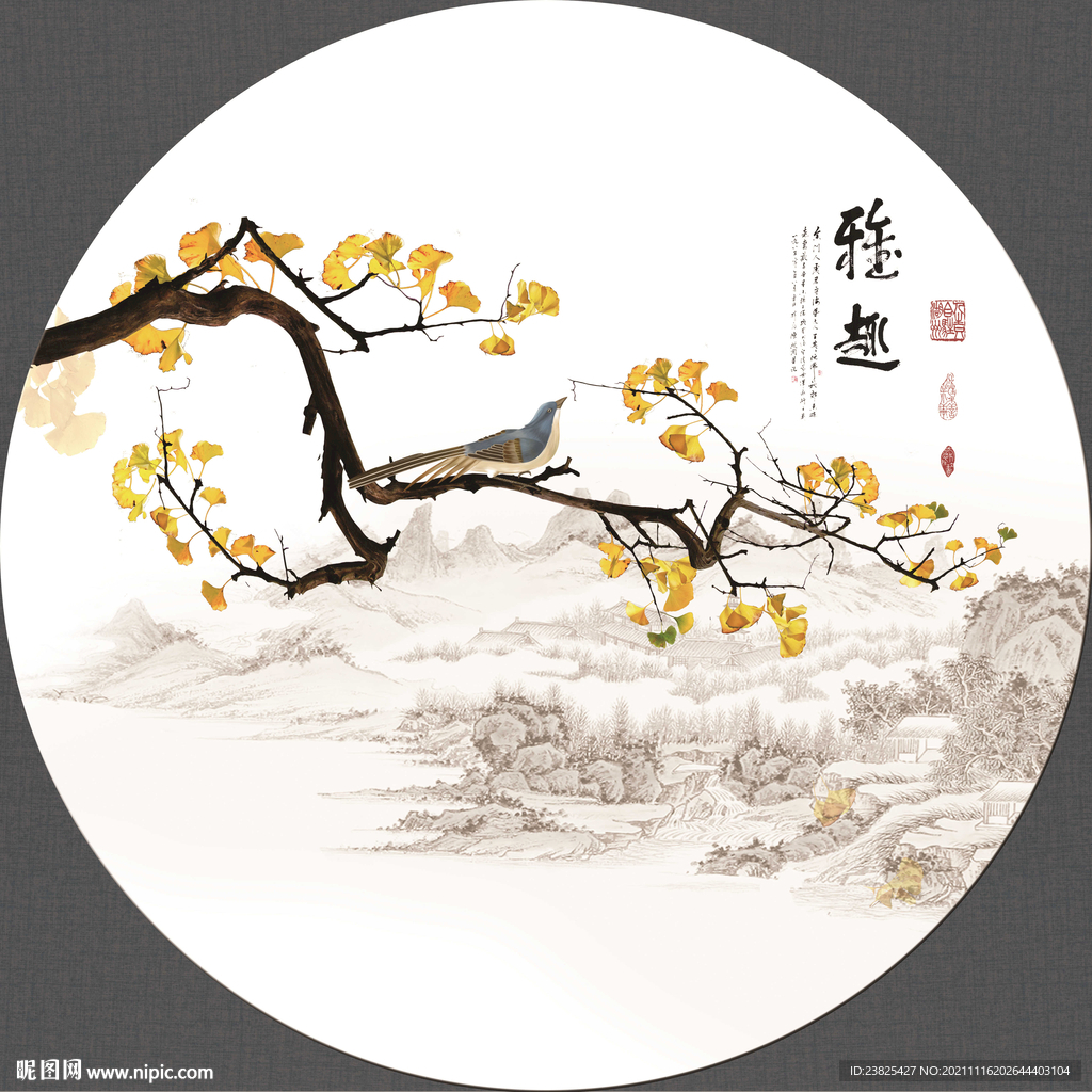 新中式手绘工笔花鸟圆形装饰画