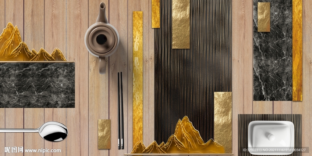 餐厅茶道金箔几何装饰画