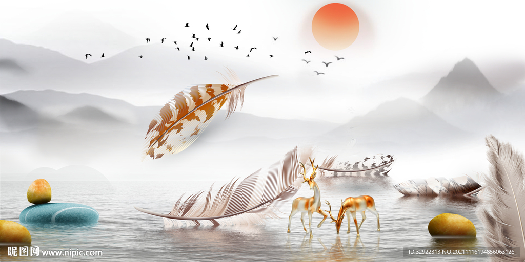 麋鹿羽毛意境山水装饰画