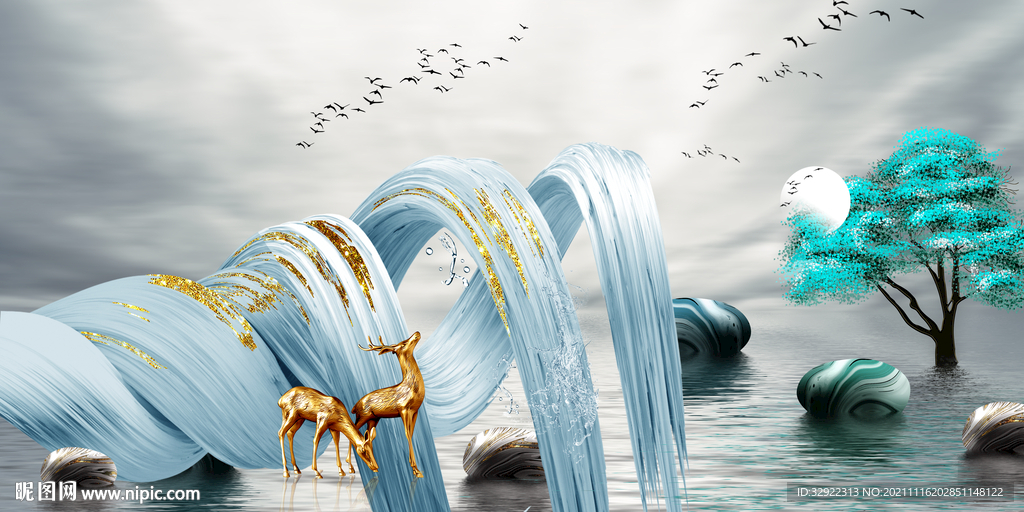 飘带麋鹿山水装饰画