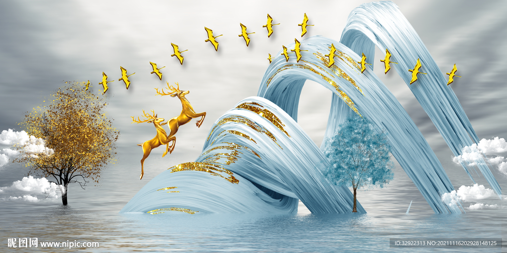 麋鹿飘带意境山水装饰画