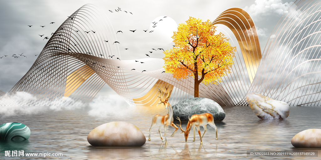 时来运转麋鹿山水装饰画