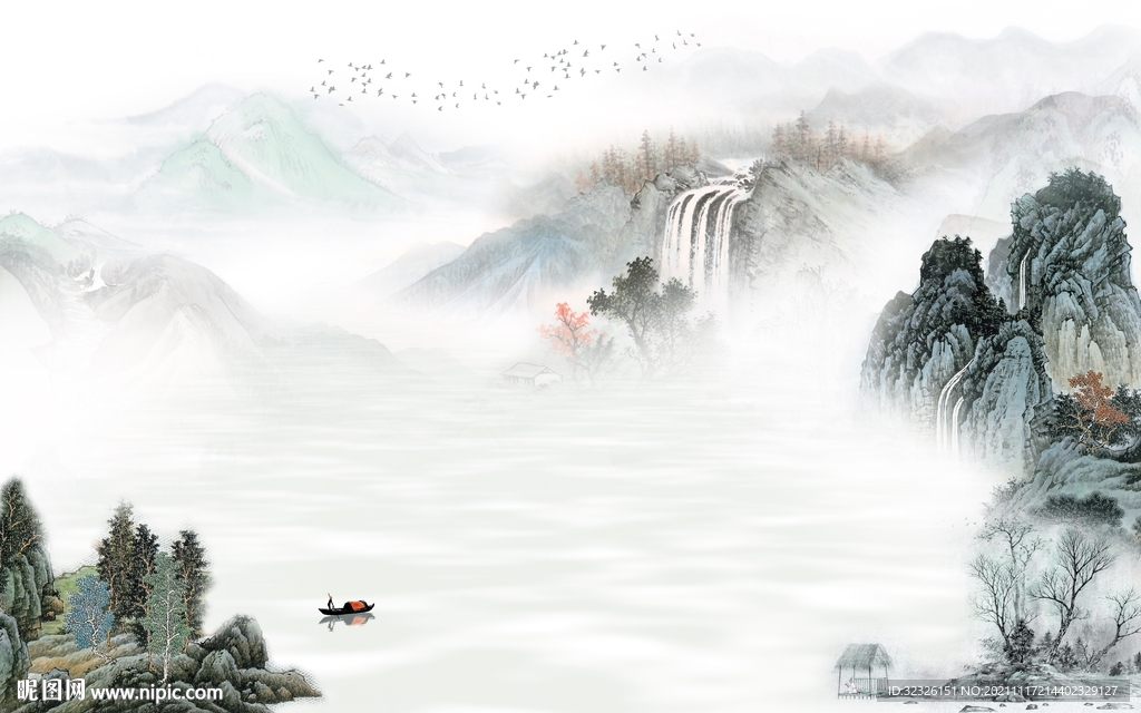 新中式意境山水墙画 tif分层