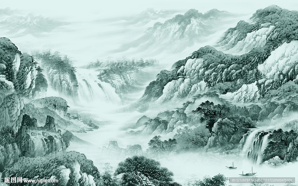 国画 意境山水墙画 tif分层