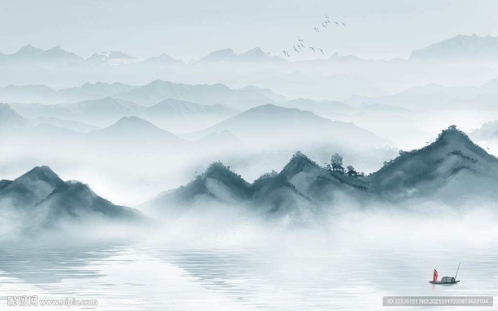 人气 意境山水墙画 tif分层