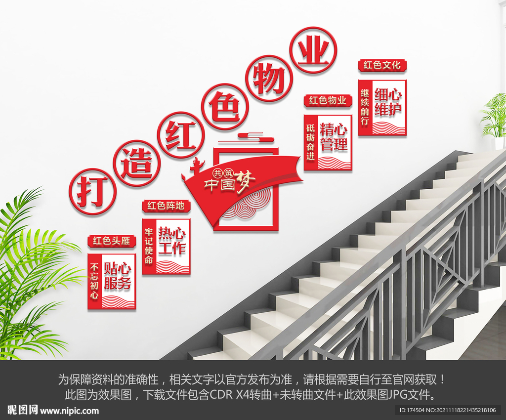 红色物业楼梯文化墙