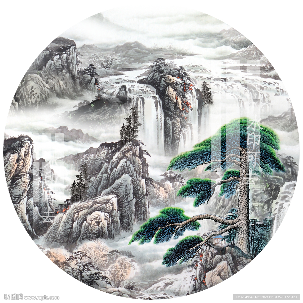 新中式国画水墨山水圆形装饰画
