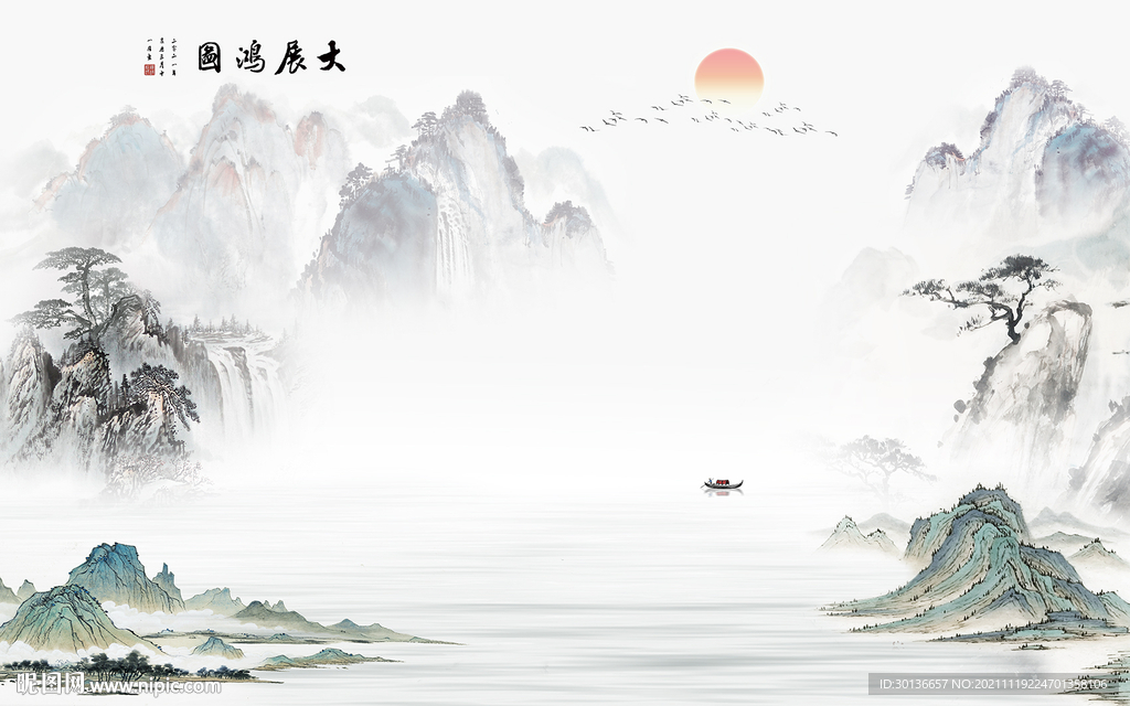 国画山水背景墙画 TIF分层