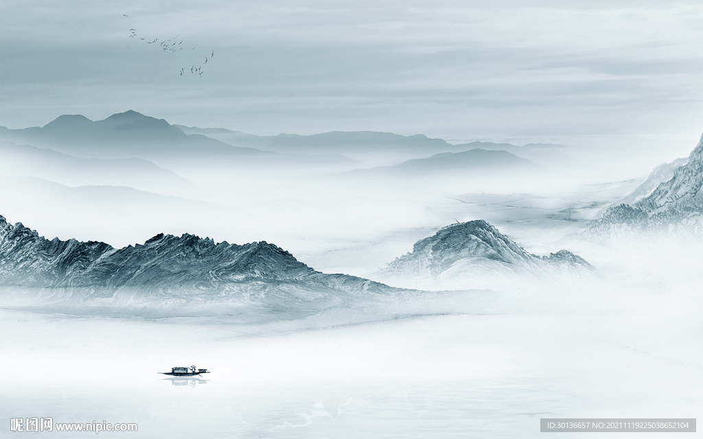 新中式山水背景墙画 TIF分层