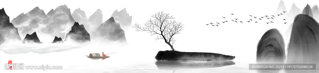 禅意水墨山水横幅床头装饰画