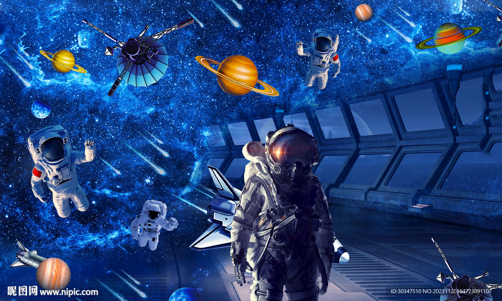 科幻太空空间站宇航员背景墙