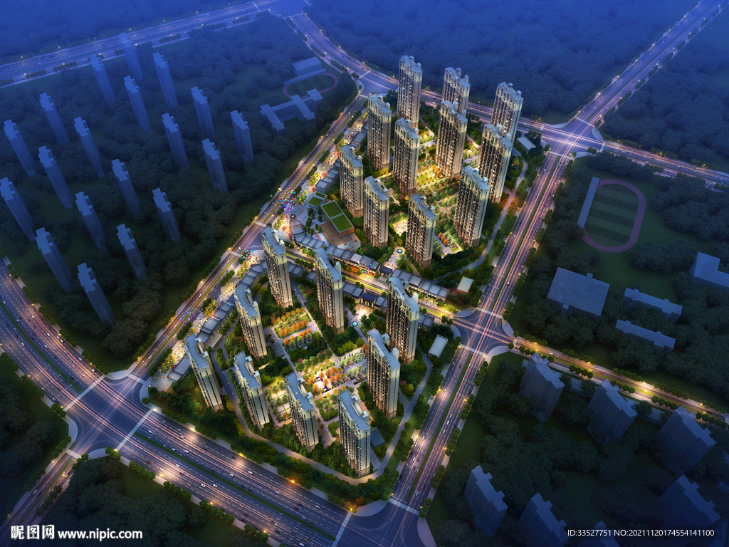 夜景住宅鸟瞰图