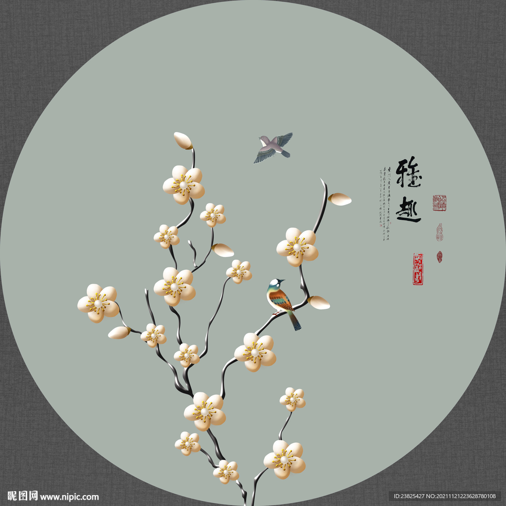 新中式手绘花鸟圆形装饰画