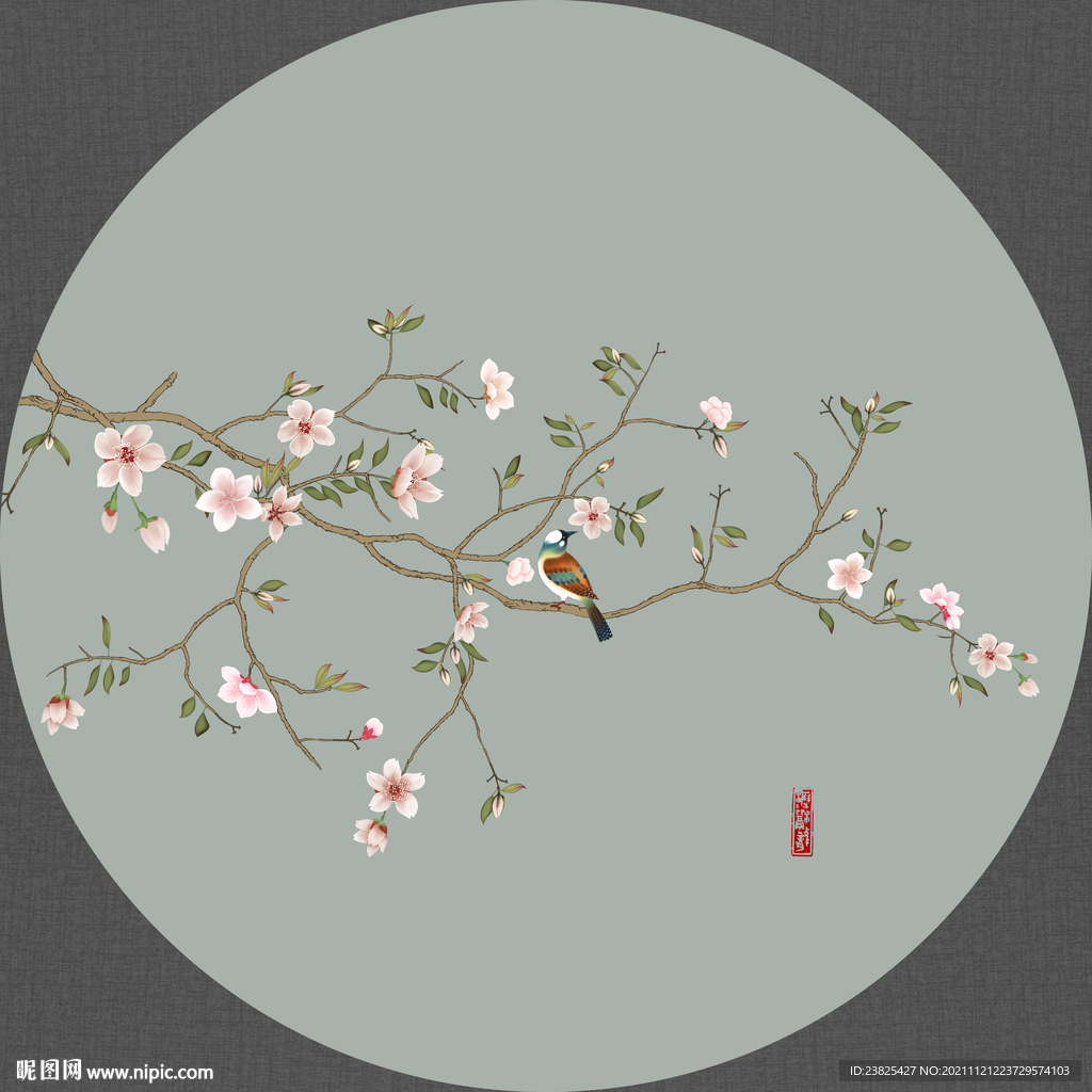新中式工笔花鸟圆形装饰画